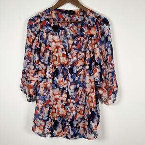 Nine West Jeans Sheer Blouse Women's Red White Blue Large Career Casual Vneck